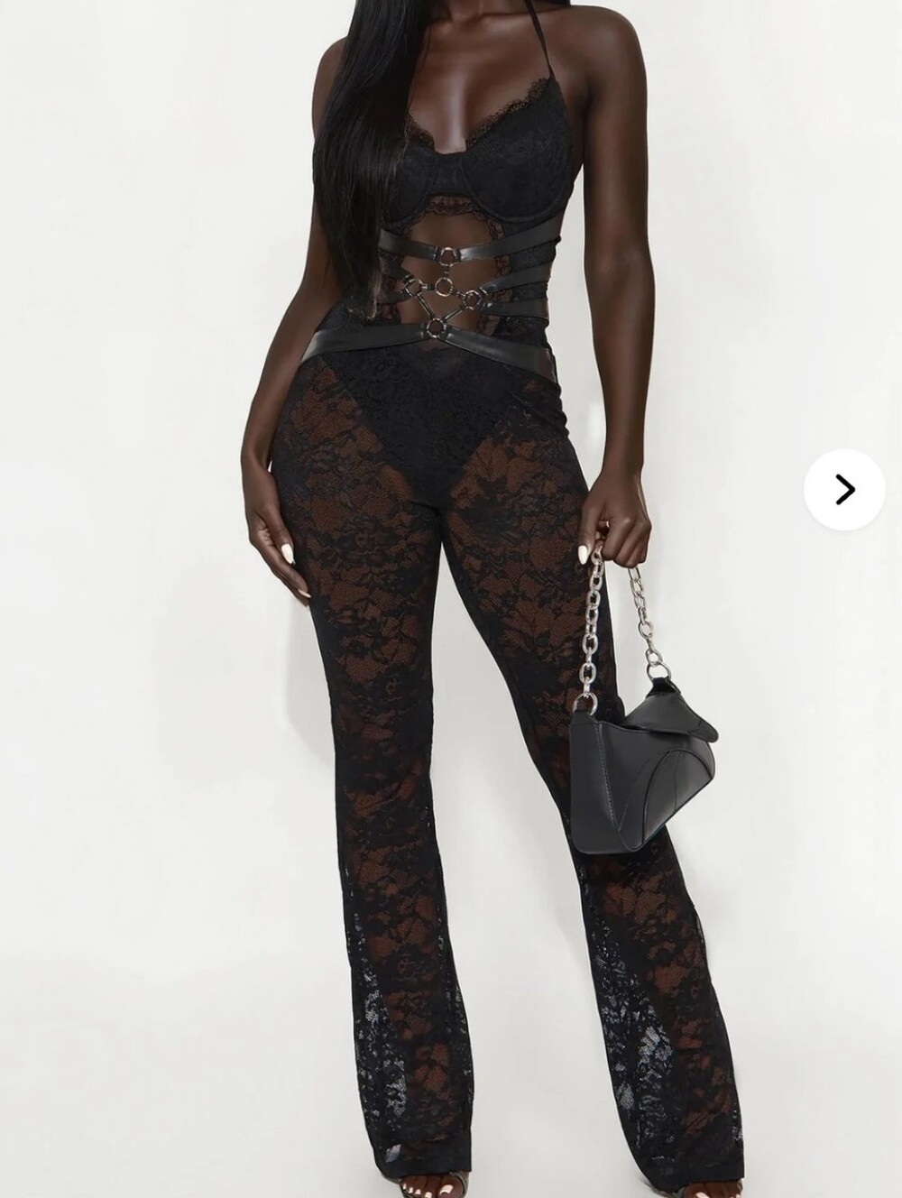 Fashion Nova Black Sheer Lace Wide-Leg Jumpsuit with Harness Detail